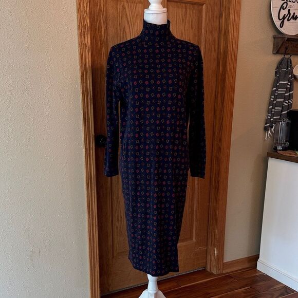 LANDS' END Vintage 80s/90s Geometric Print Mock Neck Midi Dress Made In USA - Picture 8 of 8